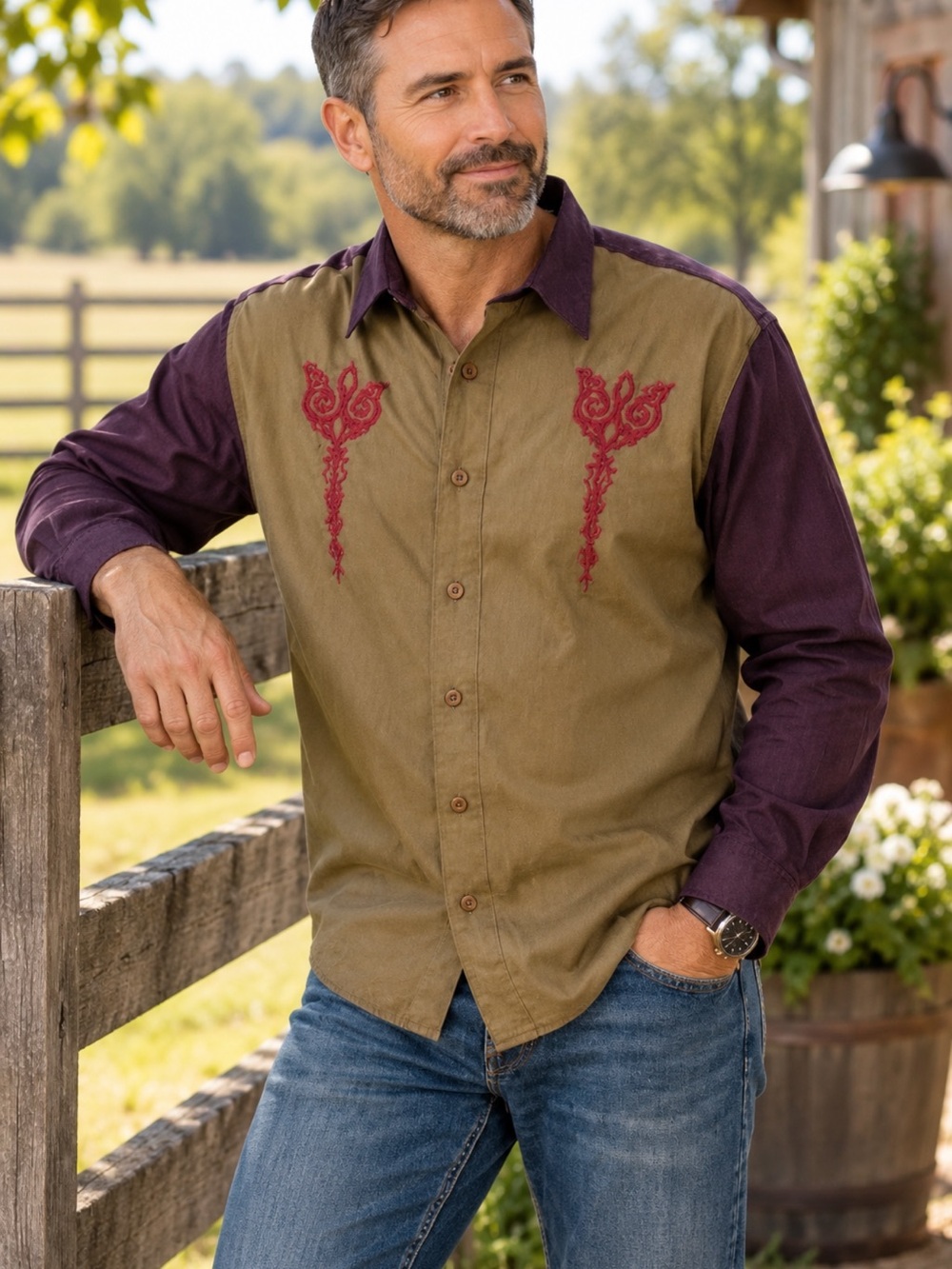 Men's Two-Tone Olive & Plum Long-Sleeve Button-Down Shirt with Red Embroidery
